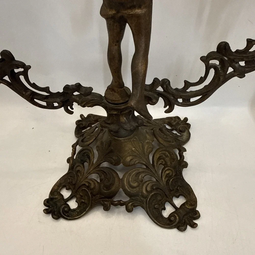 Vintage Bronze Candelabra Lady Figurine 2-Arm Candle Holder Ornate Victorian Bro